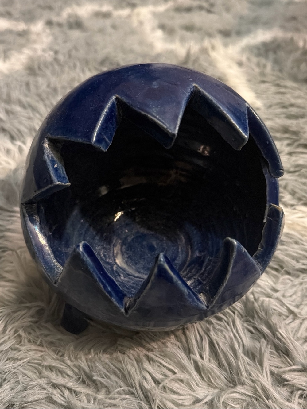 Handmade Deep Blue Ceramic Bowl with Zigzag Rim